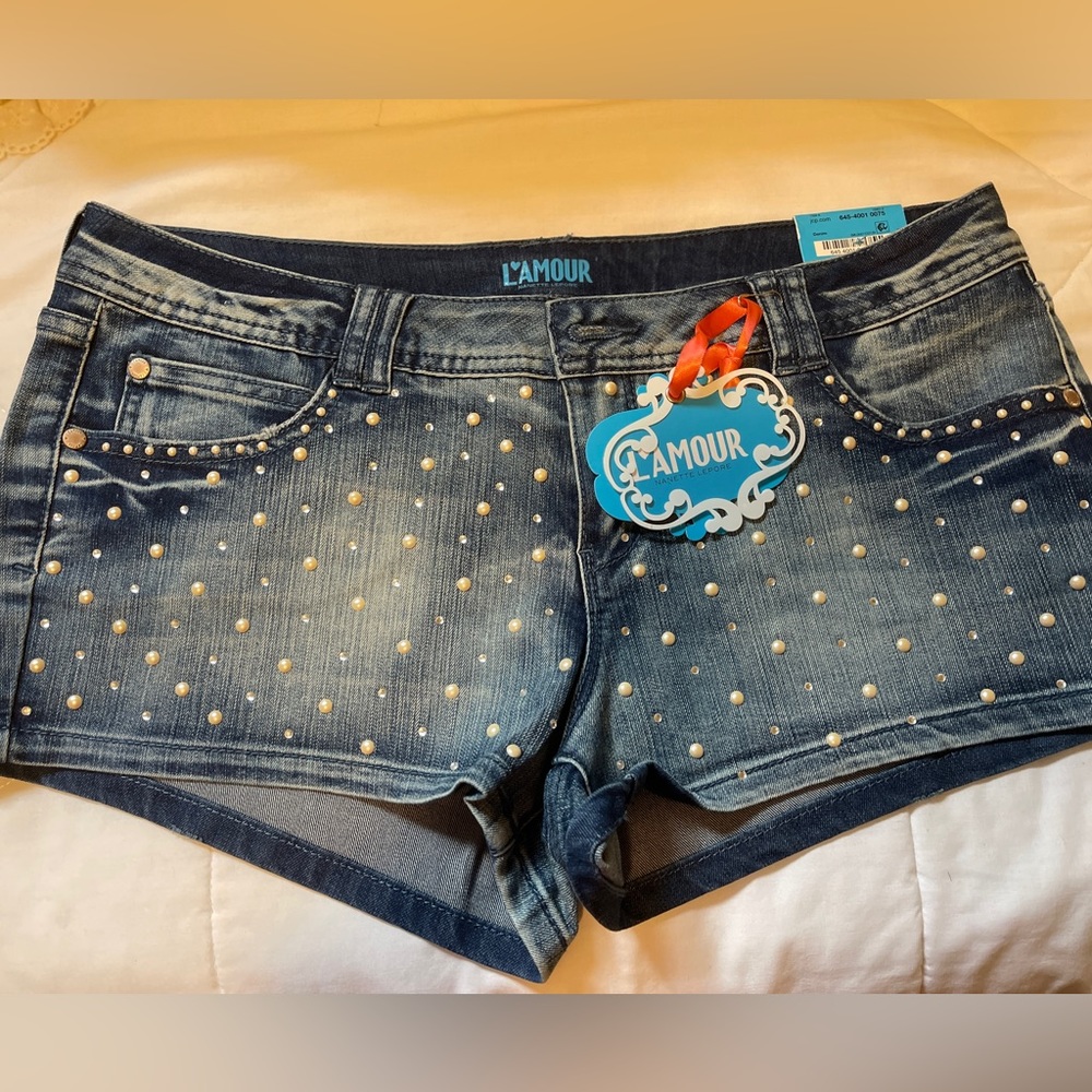L'AMOUR Studded Dark Wash Denim Shorts - Blue